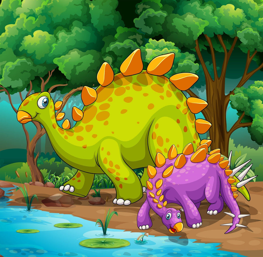 A nursery features a white crib, wicker accents, and the vibrant "Sip by the Stream Wall Mural" depicting colorful cartoon dinosaurs in a lush forest. Soft light filters through sheer curtains from a window on the left.