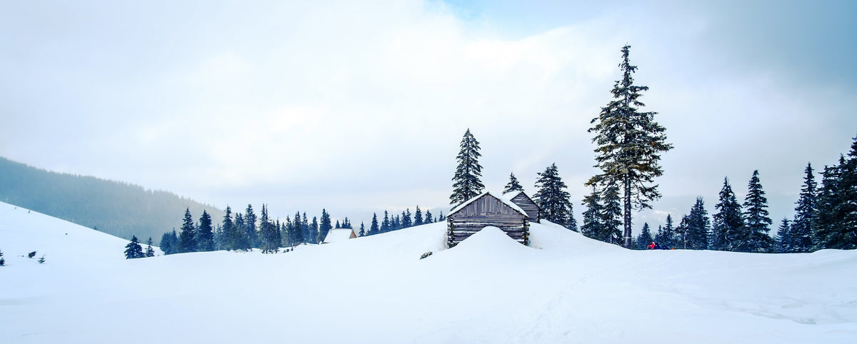 Small Wooden Houses on the Hill of Mountains in Winter Wall Mural