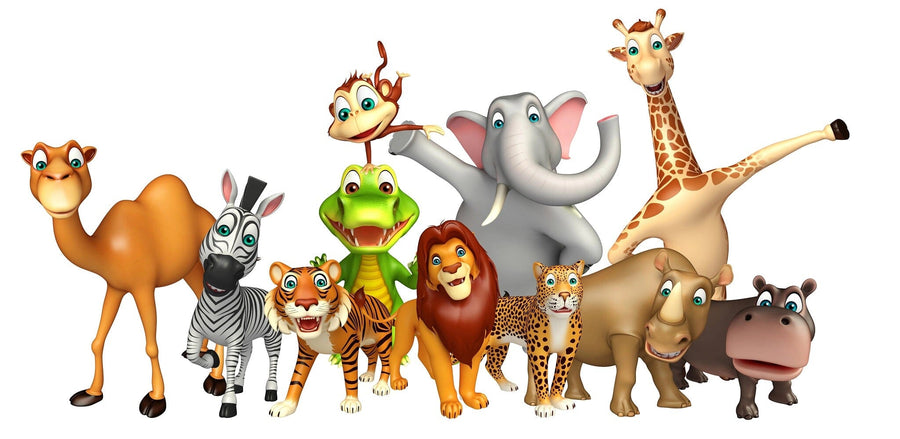 A nursery features a crib, dresser, plant, and the Smiling Animal Crew Wall Mural for playful charm. Removable wallpaper showcases cartoon jungle animals. Shelves display photos and baby items, while a woven basket sits on the floor.