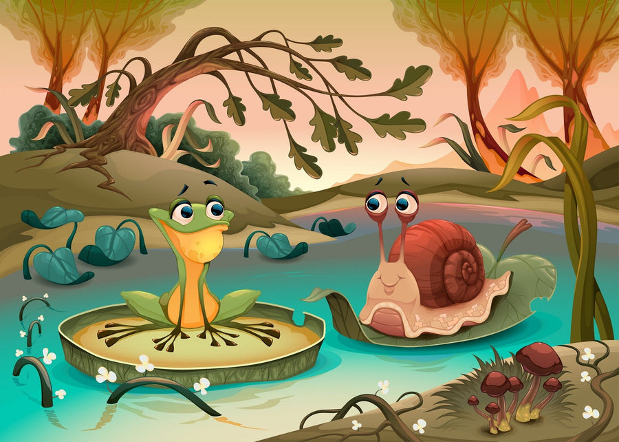 A nursery with a crib, dresser, and toys features the Snail and Frog Wall Mural, showing a smiling frog on a lily pad and a cheerful snail on a log in a cartoon forest. Soft light through sheer curtains creates a cozy atmosphere.