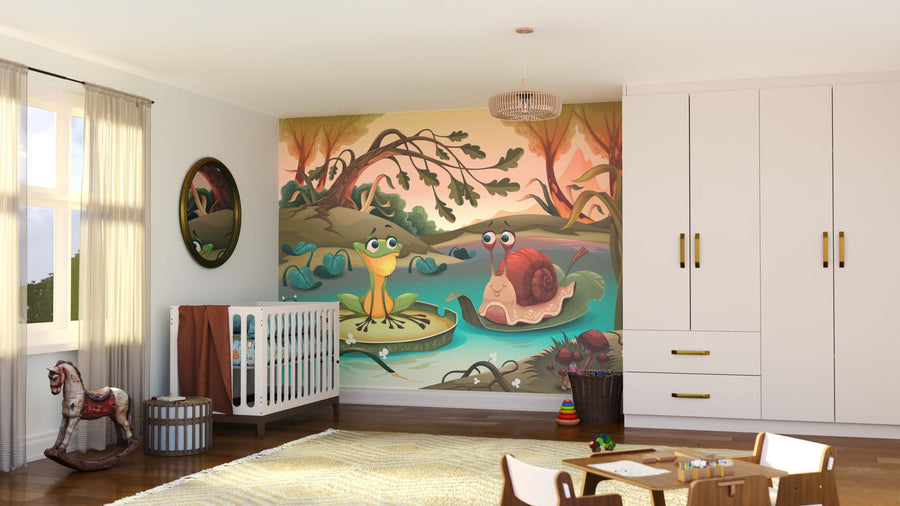 A nursery with a crib, dresser, and toys features the Snail and Frog Wall Mural, showing a smiling frog on a lily pad and a cheerful snail on a log in a cartoon forest. Soft light through sheer curtains creates a cozy atmosphere.