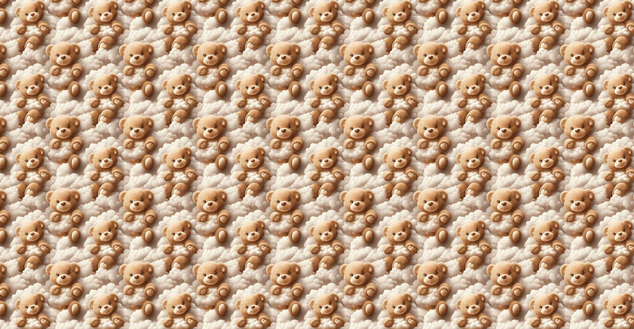 A cozy nursery with a white crib, green armchair, shelf, and lamp features the Snuggly Bears Wall Mural—a removable teddy bear cloud design—on the back wall, adding a soft, playful vibe as sunlight streams through the window.