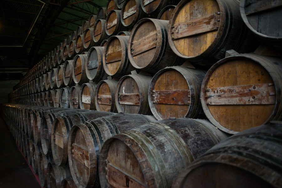A modern café with wooden tables and stools, small potted plants as centerpieces, and a large Stacked Wine Barrels Wall Mural. Sunlight streams through big windows, while wine bottles are displayed on shelves to the right.