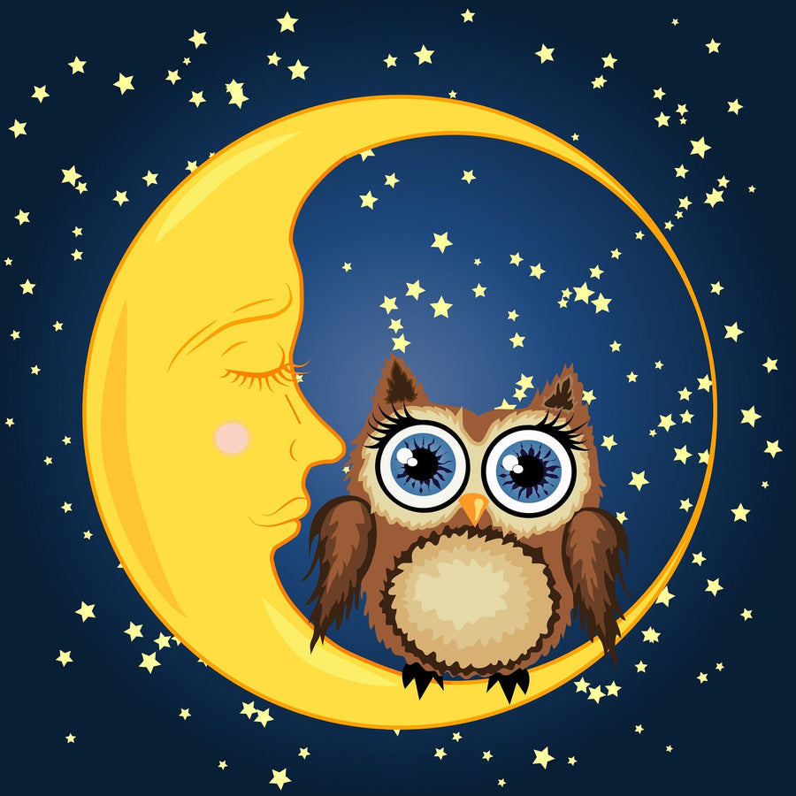 A nursery with a crib, wicker basket, toys, and a round mirror. The feature wall displays the "Starry Night with Owl Wall Mural," showing a yellow crescent moon, stars, and an owl. Sunlight from the window brightens the playful space.