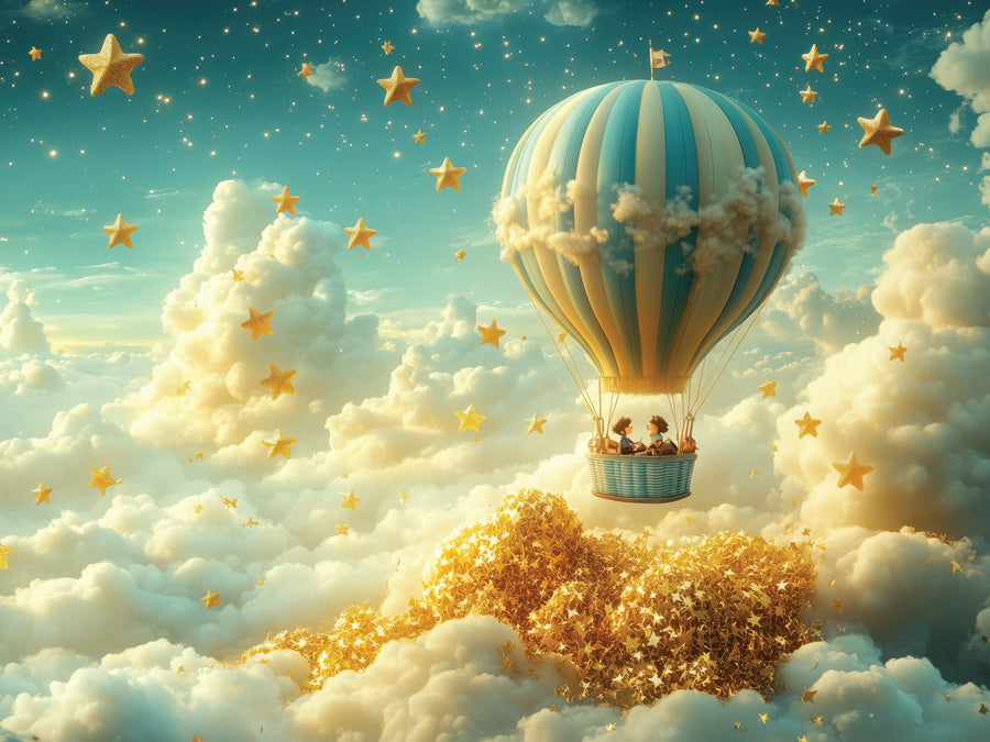 A nursery showcases the Starry Voyage Wall Mural with a hot air balloon among clouds and golden stars beside a white crib, along with a changing table, storage baskets, framed photos, shelves, a potted plant, and wooden floors.