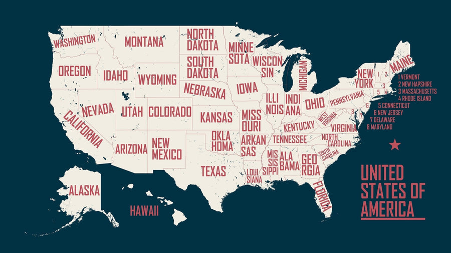 The "State by Name Wall Mural" features a stylized map of the United States. State names appear in red on a dark teal background with a red star and "United States of America" text at the lower right. Northeastern states are listed separately due to size limitations.