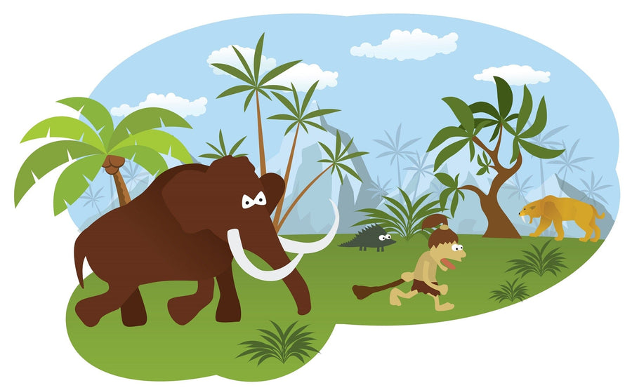 A bright nursery featuring the Stone Age Wall Mural with a mammoth, saber-toothed cat, cave kids, and lush plants. Sunlight fills the room, which includes a crib, toys, round mirror, plush rug, and storage cabinets.