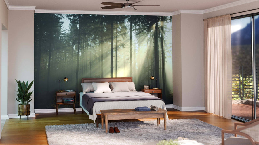 A modern bedroom is anchored by the Sun lit Forest at Dawn Wall Mural behind a wooden bed, with sun rays through trees. Neutral walls, wood floors, plants, side tables with lamps, a bench, rug, and sliding doors create an airy feel.