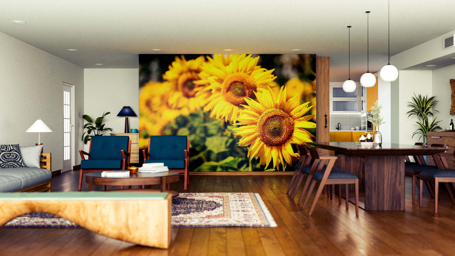 A modern open-concept living and dining space boasts wood floors, blue and wood furniture, potted plants, pendant lights, and a striking accent wall with the Sunflower Bloom Wall Mural featuring vivid yellow sunflowers in full bloom.