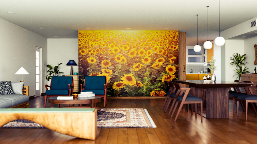 A modern living and dining area features wood floors, blue chairs, a gray sofa, dining table, and the Sunflower Haven Wall Mural, filling the space with vibrant yellow sunflowers. Plants, rugs, and pendant lights add warmth and style.