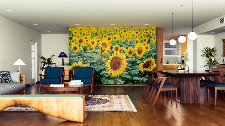 A modern open-plan living and dining space with wooden furniture, rugs, and greenery features the Sunflower Rows Wall Mural, adding a lively burst of color and vibrant sunflowers to one neutral-toned wall.