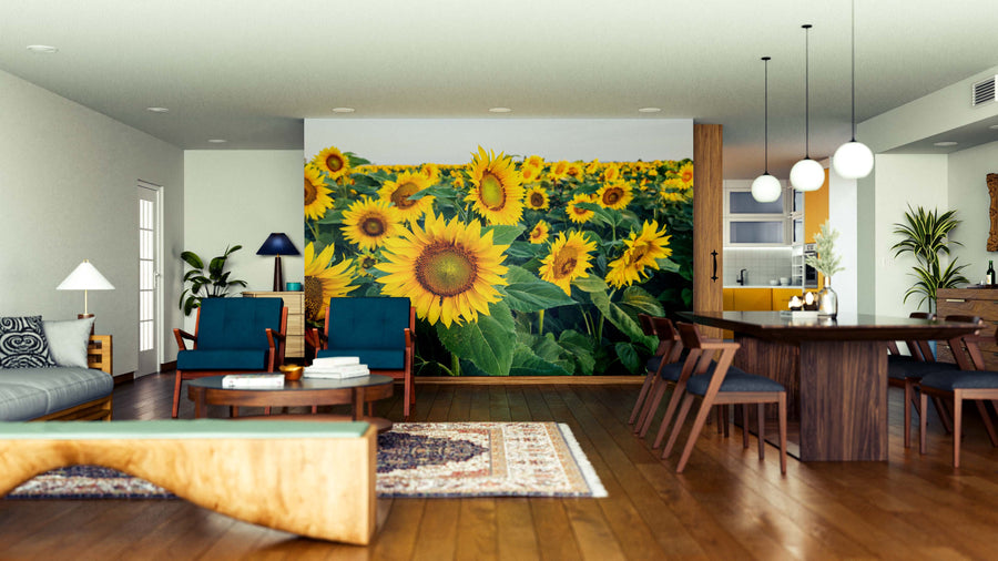 Modern living-dining room with wood flooring, blue chairs, a curved wood bench, and the Sunflower Smiles Wall Mural. Pendant lights hang above the dining table; plants and decor accent the bright, airy space.