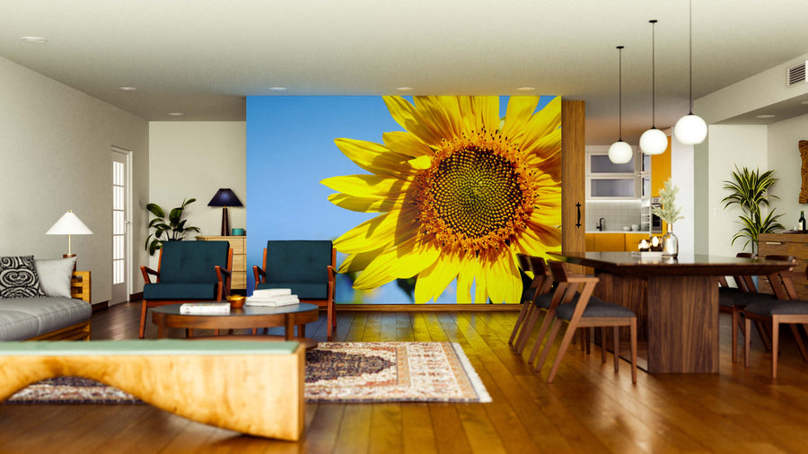 Bright, modern living-dining area with wood floors, eclectic furniture, and the Sunlit Summer Glow Wall Mural—featuring a sunflower against a blue sky—as a vibrant focal point. Includes retro chairs, wood dining table, and mid-century decor.