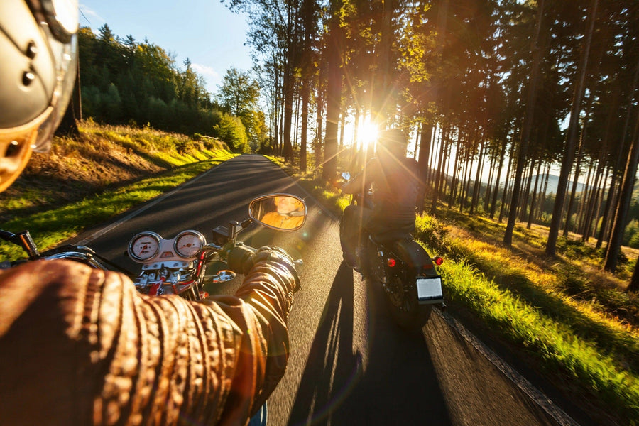 A clean, modern garage with dark cabinets, organized tools, and a classic motorcycle on a shiny floor features the Sunny Morning Ride Wall Mural—a scenic peel and stick mural showing sunlight streaming through trees on a country road.