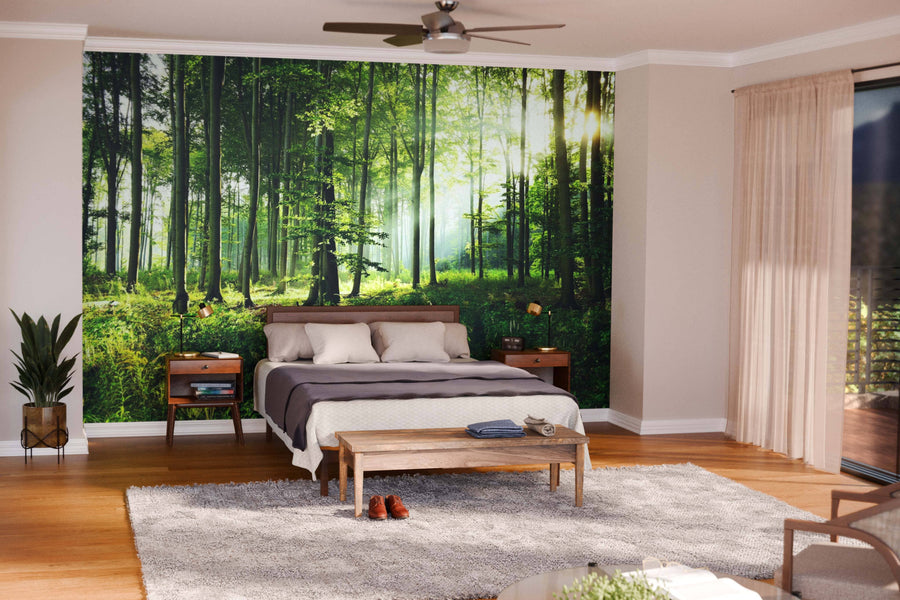 A modern bedroom showcases the Sunny Morning in the Forest Wall Mural behind a wooden bed with neutral bedding, matching nightstands, sheer curtains letting in sunlight, a plant, bench, rug, and sleek wooden floors for a serene atmosphere.