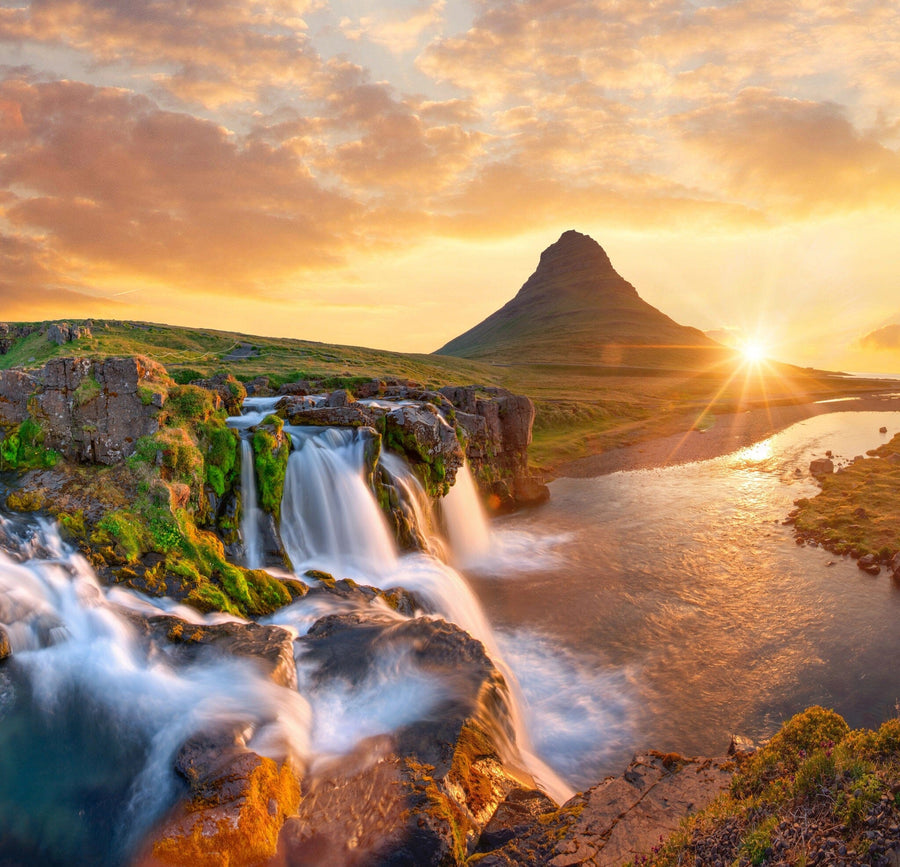 Sunrise on Kirkjufellsfoss Waterfalls Wall Mural Peel and stick Wall Mural Color Original Custom Size