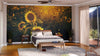 A cozy bedroom features the Sunshine in Sunflower Field Wall Mural behind a wooden bed with white and gray bedding. Nightstands, plants, a bench, a soft rug, and sunlight through glass doors complete the inviting space.