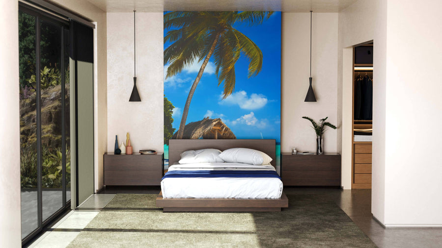A modern living room showcases a dining table, chairs, and sideboard. The "Swing on a Tropical Beach Wall Mural" offers an easy-to-apply, peel and stick tropical scene—instantly transforming your space with paradise views.