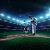 The energetic scene of a baseball player swinging under stadium lights at night makes the Swing to Win Wall Mural a perfect matte canvas-textured, removable mural to add excitement and energy to any space.