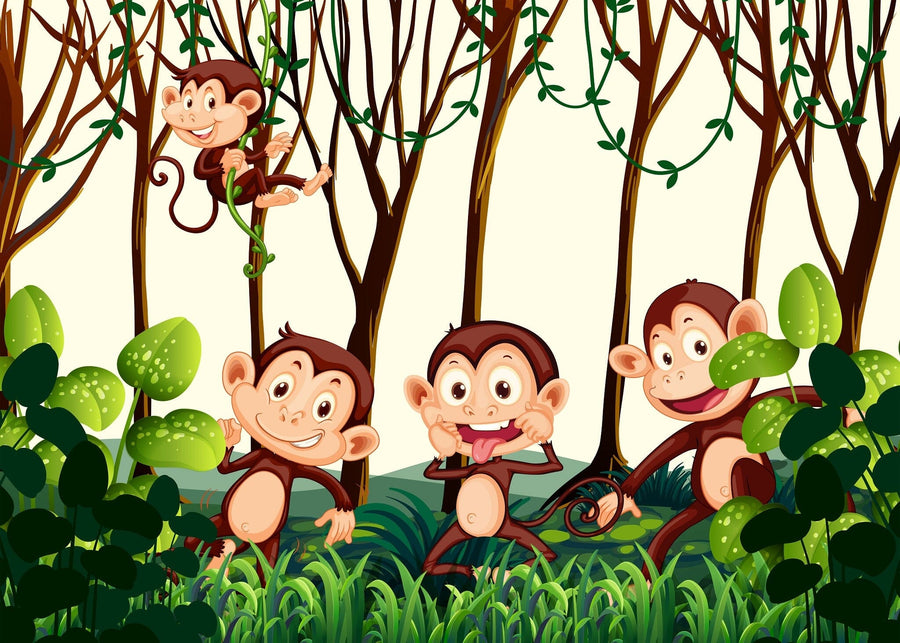 A bright nursery with white furniture, storage baskets, and a toy stack features the "Swinging in the Trees Wall Mural," showcasing playful cartoon monkeys in a jungle scene for a cheerful, child-friendly atmosphere. Sunlight streams through the window.