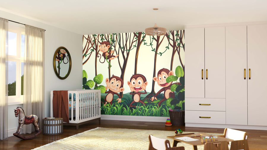 A bright nursery with white furniture, storage baskets, and a toy stack features the "Swinging in the Trees Wall Mural," showcasing playful cartoon monkeys in a jungle scene for a cheerful, child-friendly atmosphere. Sunlight streams through the window.