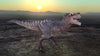 The T-Rex at Twilight Wall Mural features a realistic Tyrannosaurus rex with open jaws and sharp teeth in a vast, barren landscape at sunset. Its scaly, striped body stands majestically against silhouetted mountains and an orange sky, adding prehistoric majesty to your space.