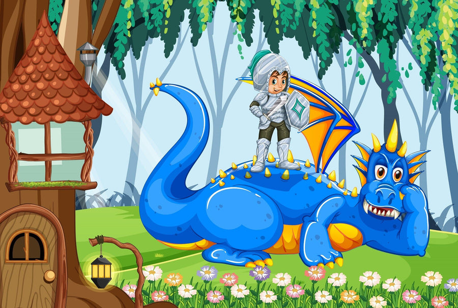 A cozy kids’ room with a crib, rocking horse, and the Taming the Beast Wall Mural featuring a knight and friendly blue dragon in a colorful forest. A toy teepee, basket, playful decor, and sunlight stream through large windows.