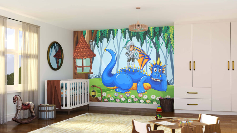 A cozy kids’ room with a crib, rocking horse, and the Taming the Beast Wall Mural featuring a knight and friendly blue dragon in a colorful forest. A toy teepee, basket, playful decor, and sunlight stream through large windows.