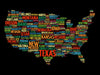 The Text-Based States Wall Mural by is a dynamic peel-and-stick mural depicting a colorful USA map, creatively arranging state and city names within each state's shape. Highlights include prominent "TEXAS" and cities like "NEW YORK," "HOUSTON," and "SEATTLE" set against a black backdrop.