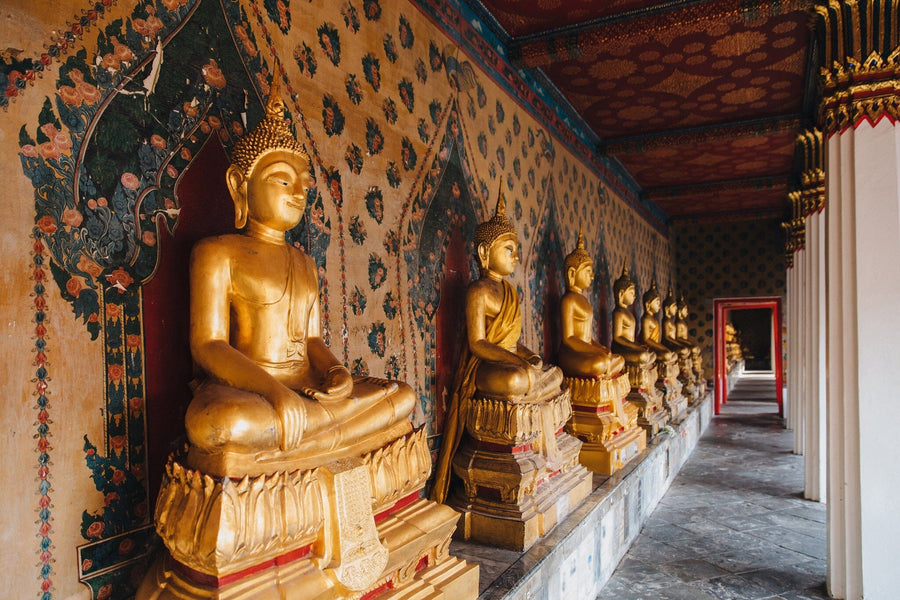 A modern living-dining area with wood flooring, teal chairs, eclectic decor with rugs and plants, a wooden dining table under pendant lights, and a large custom Thailand Buddha Wall Mural depicting golden statues in an ornate corridor.