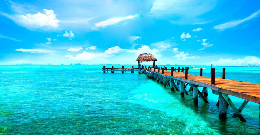 Modern living and dining room with wooden furniture and blue chairs. The Tidebound Tranquility Wall Mural displays a turquoise ocean with a long pier, adding scenic depth, while plants and rugs warm the spacious, well-lit interior.