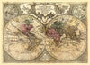 The Totius Mundi Map Wall Mural features an antique double-hemisphere map with ornate borders, Latin text, and vibrant continents in pink, green, and yellow, decorated with cherubs and scrolls. Easy peel-and-stick removable wallpaper.