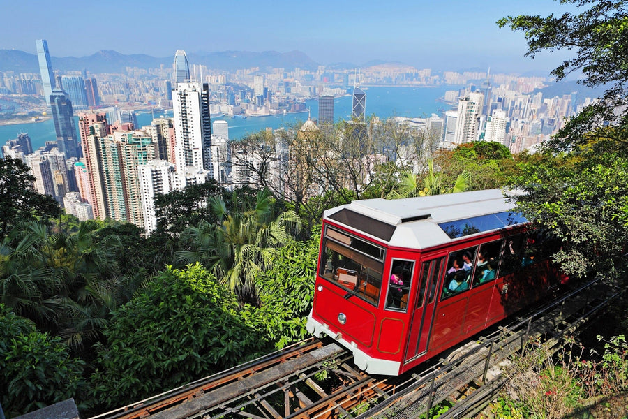 A modern living-dining room features the Tourist Tram at the Peak Wall Mural, showcasing a red funicular against lush hills and a city skyline; mid-century furniture, wood floors, rugs, and pendant lights blend urban and natural themes.