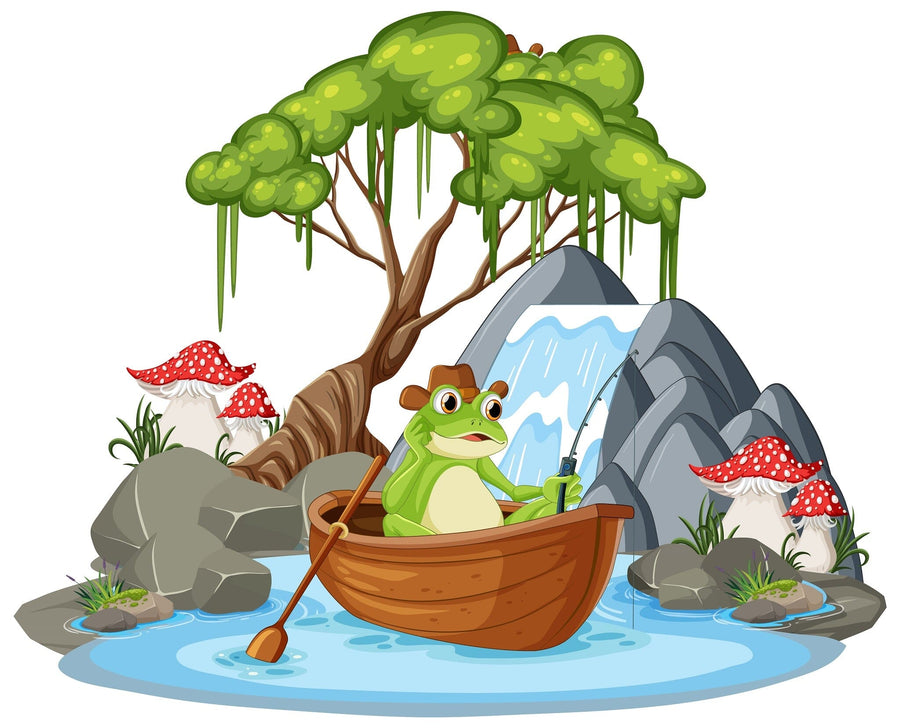 A nursery with gray walls, a white crib and dresser, a plant, plush turtle toy, woven baskets, and the Tranquil Pond Escape Wall Mural featuring a cartoon frog in a boat on a pond adds playful charm to the space.