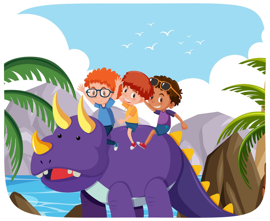 A bright, modern nursery features a crib and toys. The wall displays the Triceratops Adventure Ride Wall Mural, showing three cartoon kids on a friendly purple dinosaur with yellow horns among palms and mountains under a blue sky.