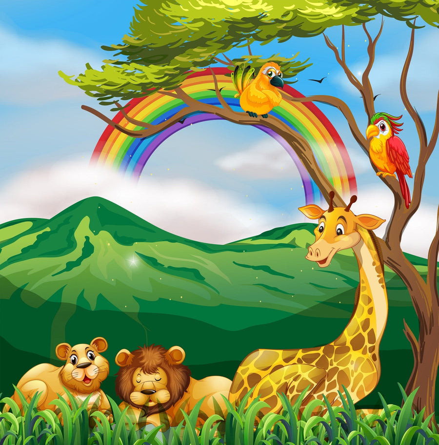 A bright nursery features the Tropical Animal Fun Wall Mural, showing a giraffe, lion, and parrots under a rainbow with green mountains. A white crib, rainbow stacking rings, wooden horse, and woven basket complete the cozy space.