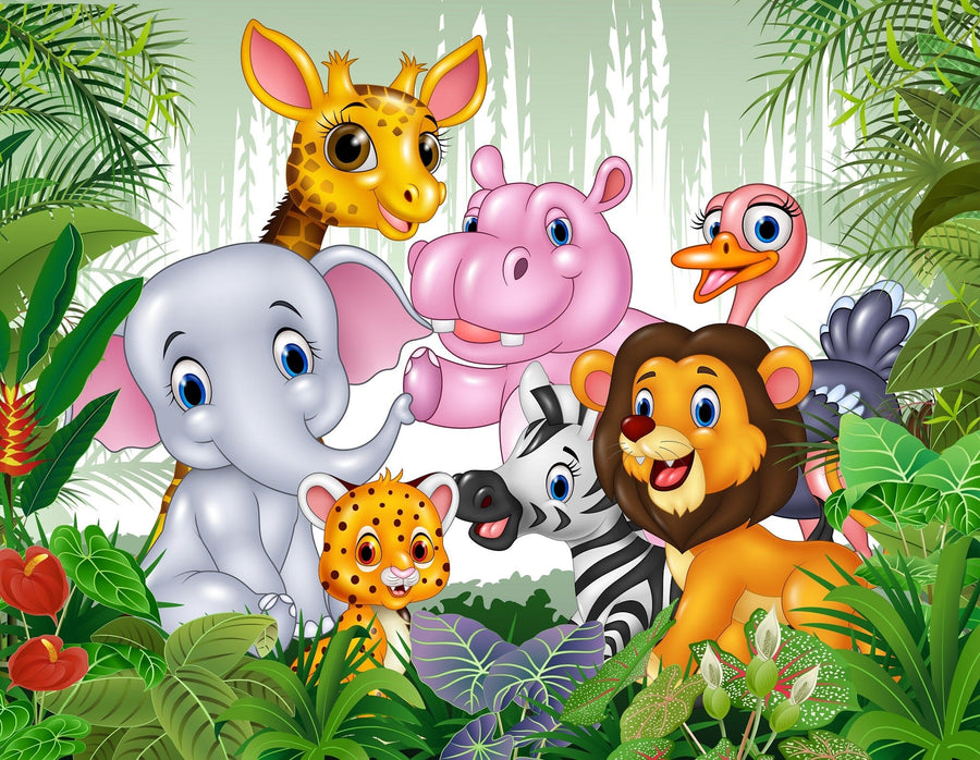 A sunny nursery showcases the Tropical Animal Pals Wall Mural—cartoon elephant, giraffe, hippo, lion, zebra, and cheetah among lush leaves—above a crib, rocking horse, rug, toy chest, and built-in cabinets.