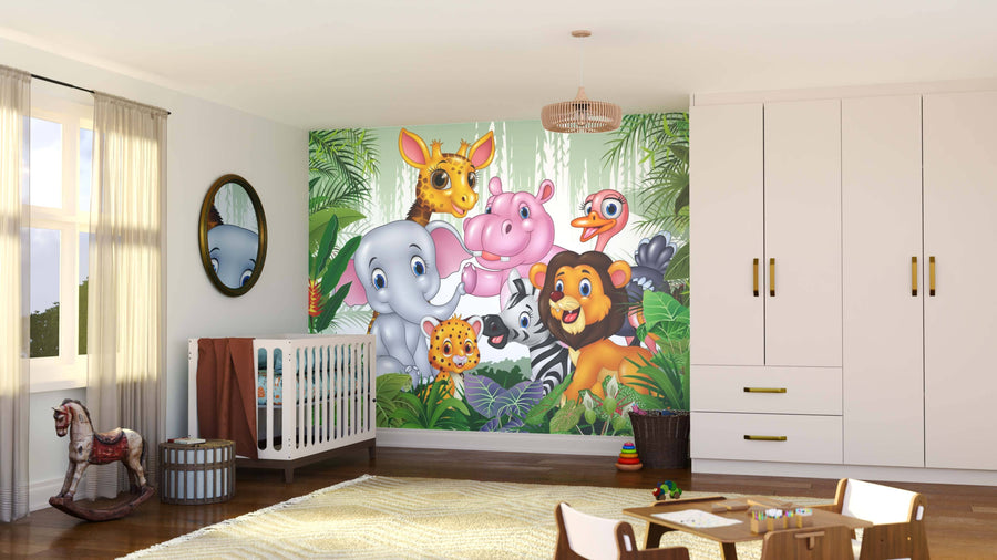 A sunny nursery showcases the Tropical Animal Pals Wall Mural—cartoon elephant, giraffe, hippo, lion, zebra, and cheetah among lush leaves—above a crib, rocking horse, rug, toy chest, and built-in cabinets.