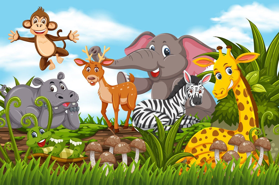 A nursery showcases the Tropical Animal Party Wall Mural with colorful cartoon jungle animals—monkey, elephant, giraffe, zebra, rhino, and deer—amid greenery. The room includes a crib, rocking horse, toys, rug, curtained window, and white furniture.