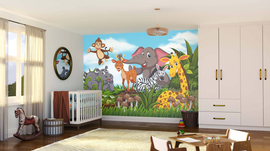 A nursery showcases the Tropical Animal Party Wall Mural with colorful cartoon jungle animals—monkey, elephant, giraffe, zebra, rhino, and deer—amid greenery. The room includes a crib, rocking horse, toys, rug, curtained window, and white furniture.