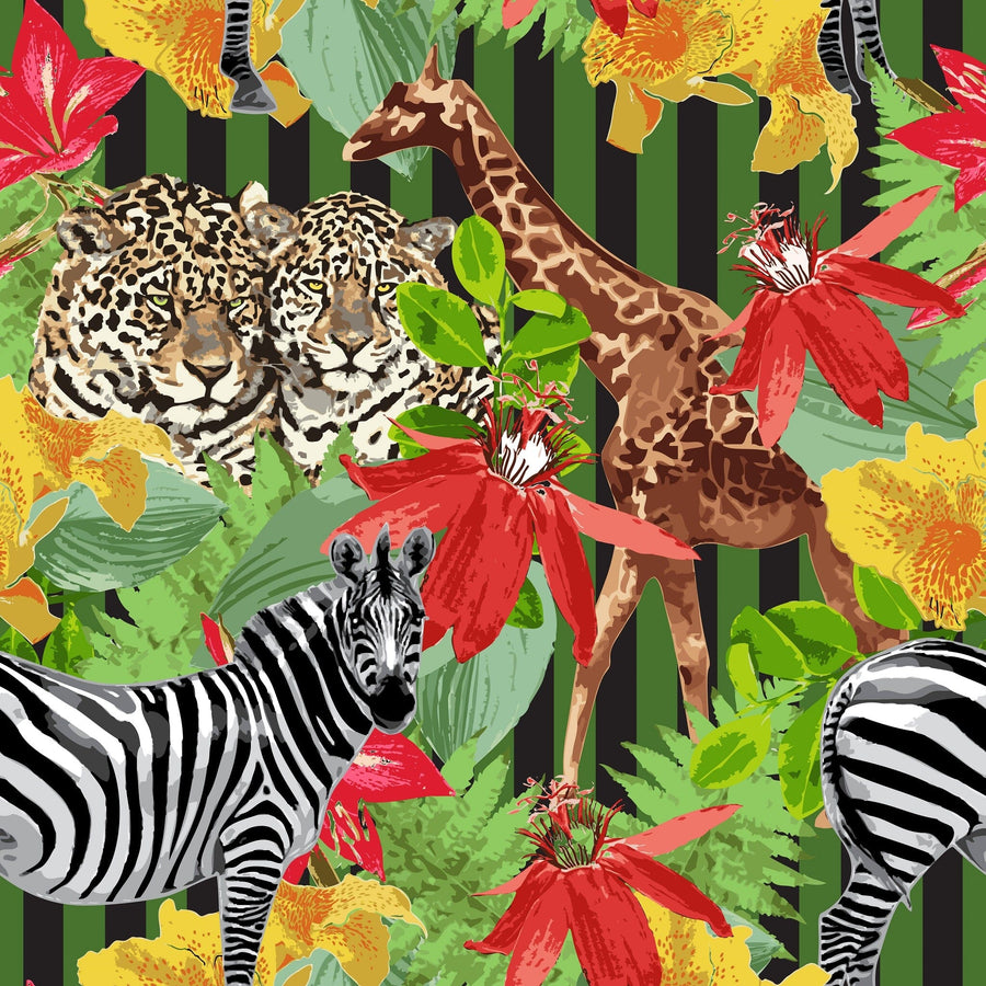A nursery has the Tropical Wildlife Wall Mural with a leopard, giraffe, zebra, and tropical leaves. It features a white crib with orange bedding, a wicker basket, round mirror, and large window with sheer curtains.