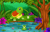 The Nursery 7 Wall Mural features a smiling cartoon turtle on a grassy bank by a pond, playful frogs, and large purple and pink flowers—creating a vibrant jungle scene perfect for custom wall murals or removable wallpaper.