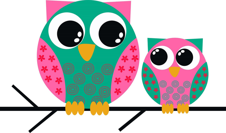 A nursery with wooden floors and neutral tones is playfully decorated with a crib, dresser, toys, plants, and the Two Colorful Owls Wall Mural featuring a large and small cartoon owl on a branch.