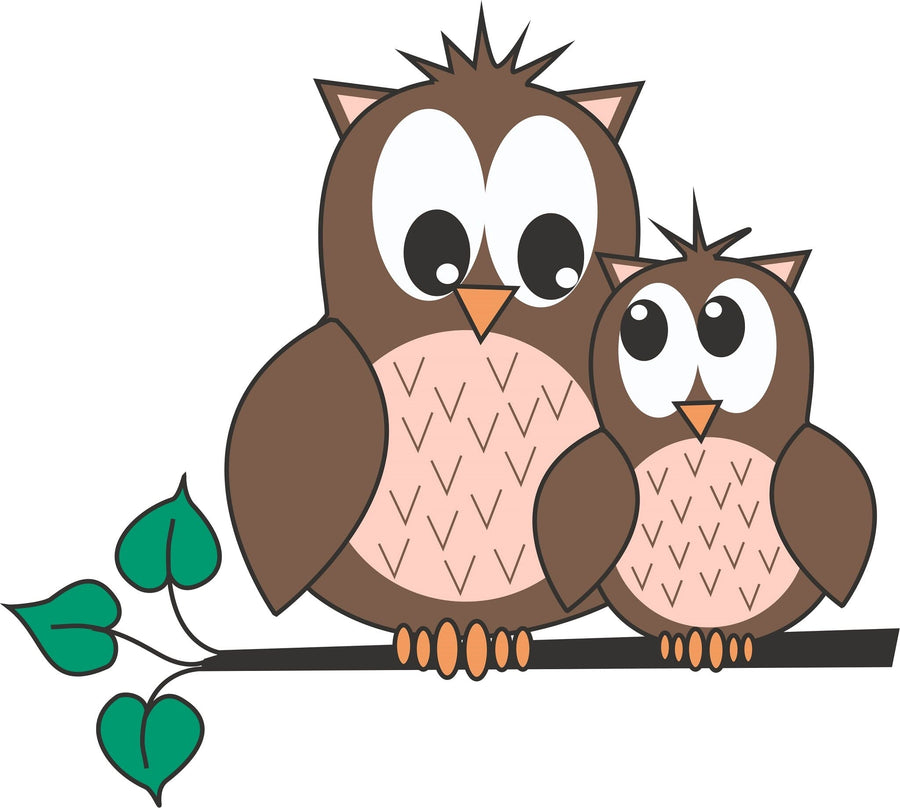 A cozy nursery featuring the Two Cute Owls Wall Mural, a crib, white dresser with baby supplies, floating shelf with toys and frames, green potted plant, woven basket, plush turtle, and a beige rug on wooden flooring.