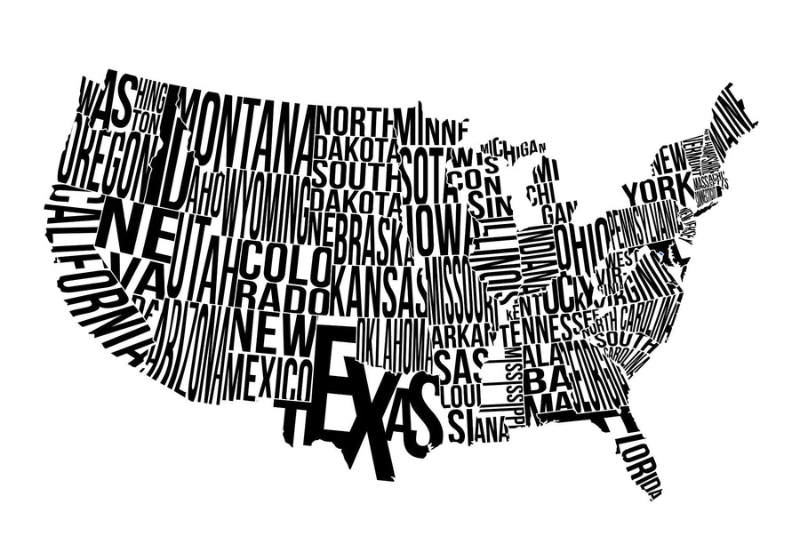 The Typography USA Wall Mural is a black and white peel and stick featuring a typographic map of the U.S., with each state depicted in bold capital letters proportional to its shape. Texas is prominently at the center, forming a recognizable outline of the USA.