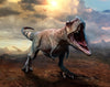 The Tyrannosaurus Rex 3D Wall Mural by depicts a roaring T. rex with its mouth wide open in a dramatic prehistoric setting. Perfect as a peel and stick mural, it showcases sunset clouds with another dinosaur and flying pterosaur completing the vivid scene.