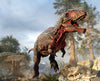 Experience the Dino 2 Wall Mural: a stunning, lifelike T. rex with dark scaly skin and red markings roaring in a prehistoric landscape. Easy to apply, this peel and stick removable wallpaper transforms any space instantly.
