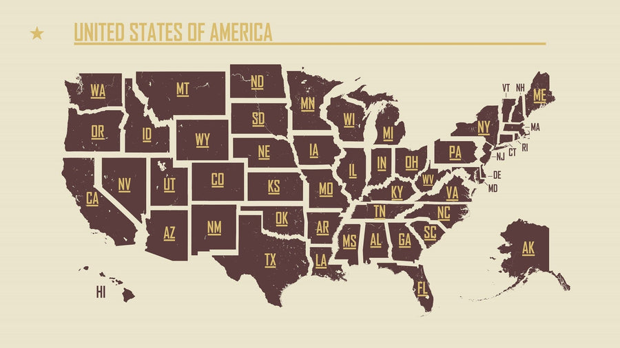 The "USA Map in Code Wall Mural" showcases a stylized, custom-printed map of the U.S. Each state appears in dark brown on light beige, with bold yellow abbreviations. Hawaii and Alaska are set in separate boxes, and the title "United States of America" is displayed at the top left in matching yellow font.