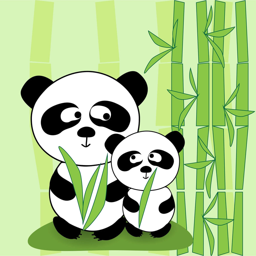 A nursery featuring a Vector Panda Wall Mural with two pandas and bamboo, a white crib with orange bedding, round mirror, wicker basket, colorful rings on the wooden floor, and sunlight streaming through tall window curtains.