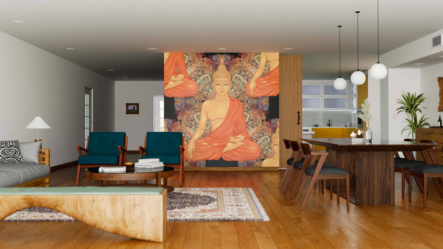 Modern open-plan living and dining room with wooden floors, teal armchairs, a large wooden table, and a decorative peel and stick Vintage Buddha Head Seamless Pattern Wall Mural as a stunning focal point.